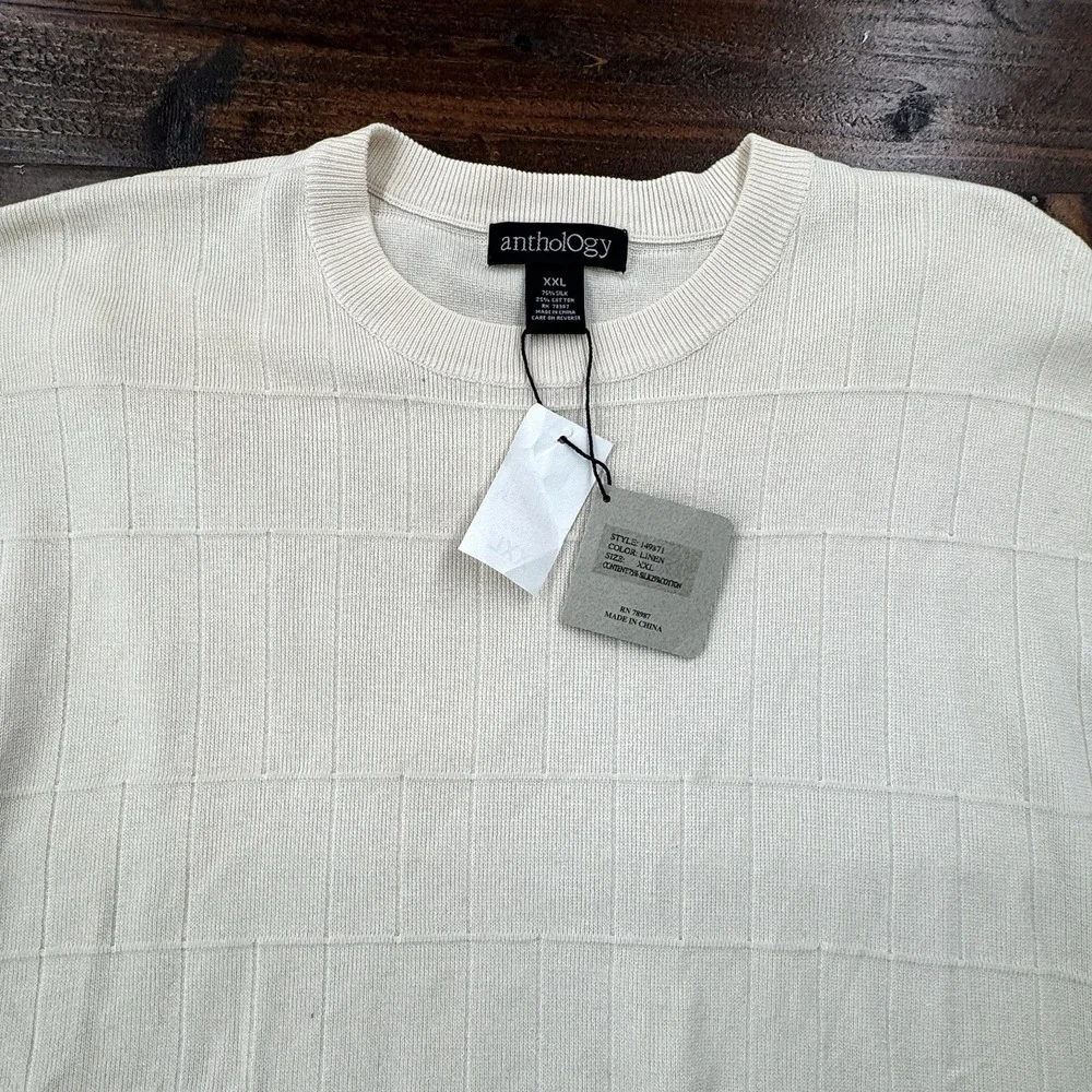 Anthropology Mens 2XL Silk Window Pane Ribbed Knit Short Sleeve Pullover NWT